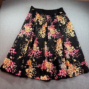 White House Black Market Pleated Floral Midi Skirt Sz 14 Black Pink Yellow